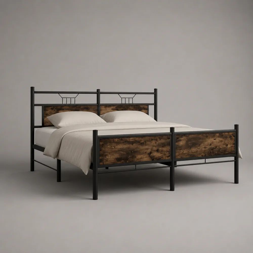 Cadre de lit double en acier noir et bois brun rustique, pour matelas 140 × 190 cm, dimensions 198 × 145 × 100 cm