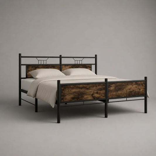 Cadre de lit double en acier noir et bois brun rustique, pour matelas 140 × 190 cm, dimensions 198 × 145 × 100 cm