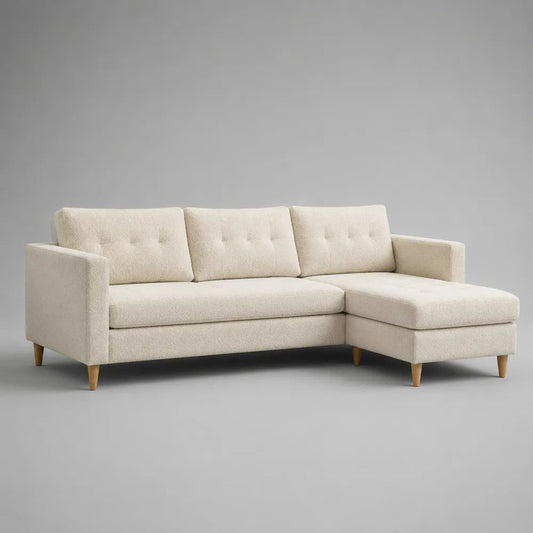Canapé d’angle 3 places en tissu bouclette crème avec méridienne droite, 222 × 145 × 84 cm