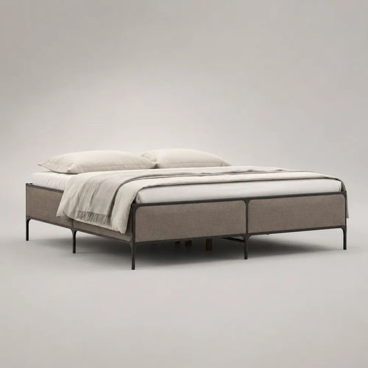 Lit double 160 x 200 cm sans tête de lit, cadre en acier noir et panneaux rembourrés en tissu taupe, 208 x 168 x 43 cm