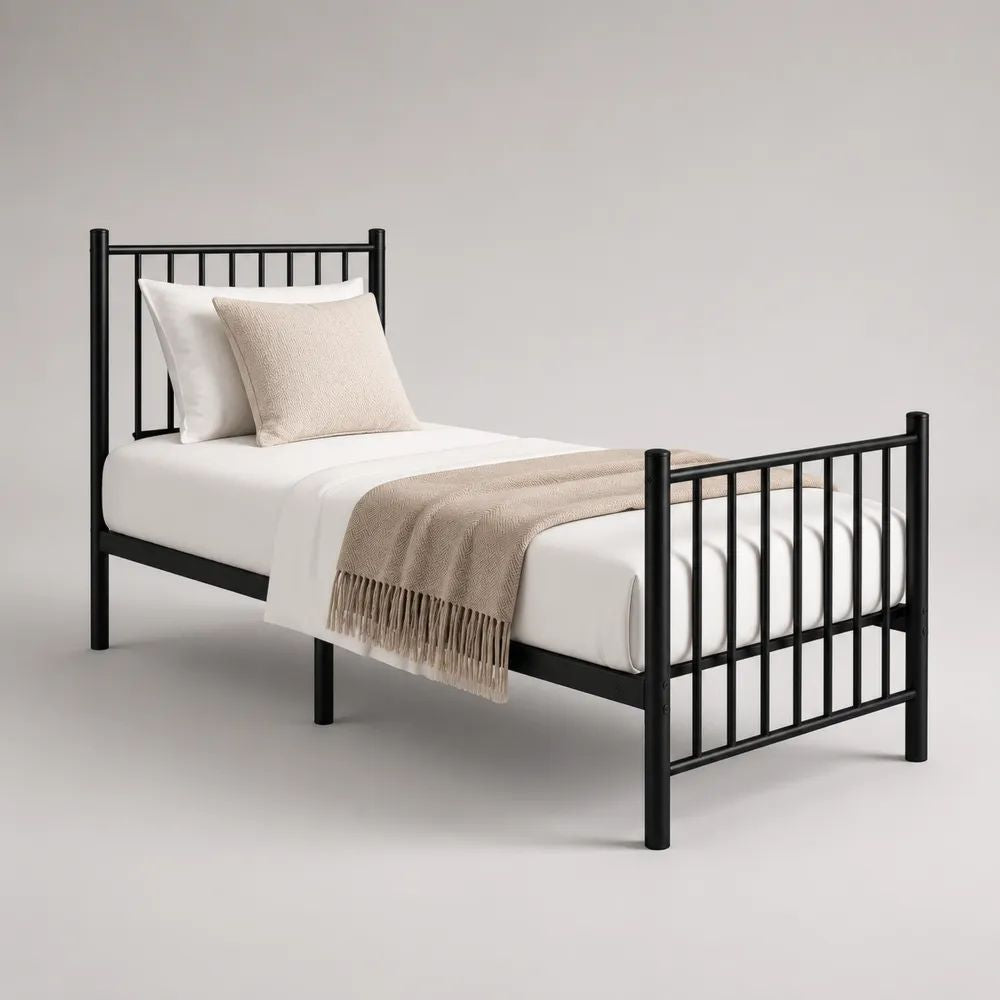 Lit simple 90 x 190 cm en acier noir, dimensions hors tout 198 x 96 x 95 cm, tête et pied de lit à barreaux