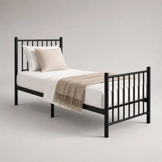 Lit simple 90 x 190 cm en acier noir, dimensions hors tout 198 x 96 x 95 cm, tête et pied de lit à barreaux