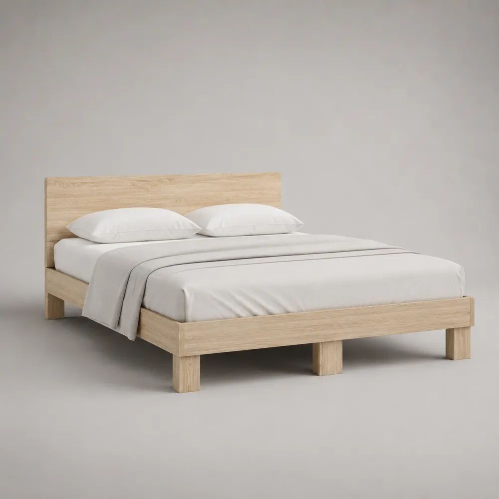 Lit double en bois naturel avec tête de lit, couchage 160 × 200 cm, dimensions 168 × 208 × 100 cm
