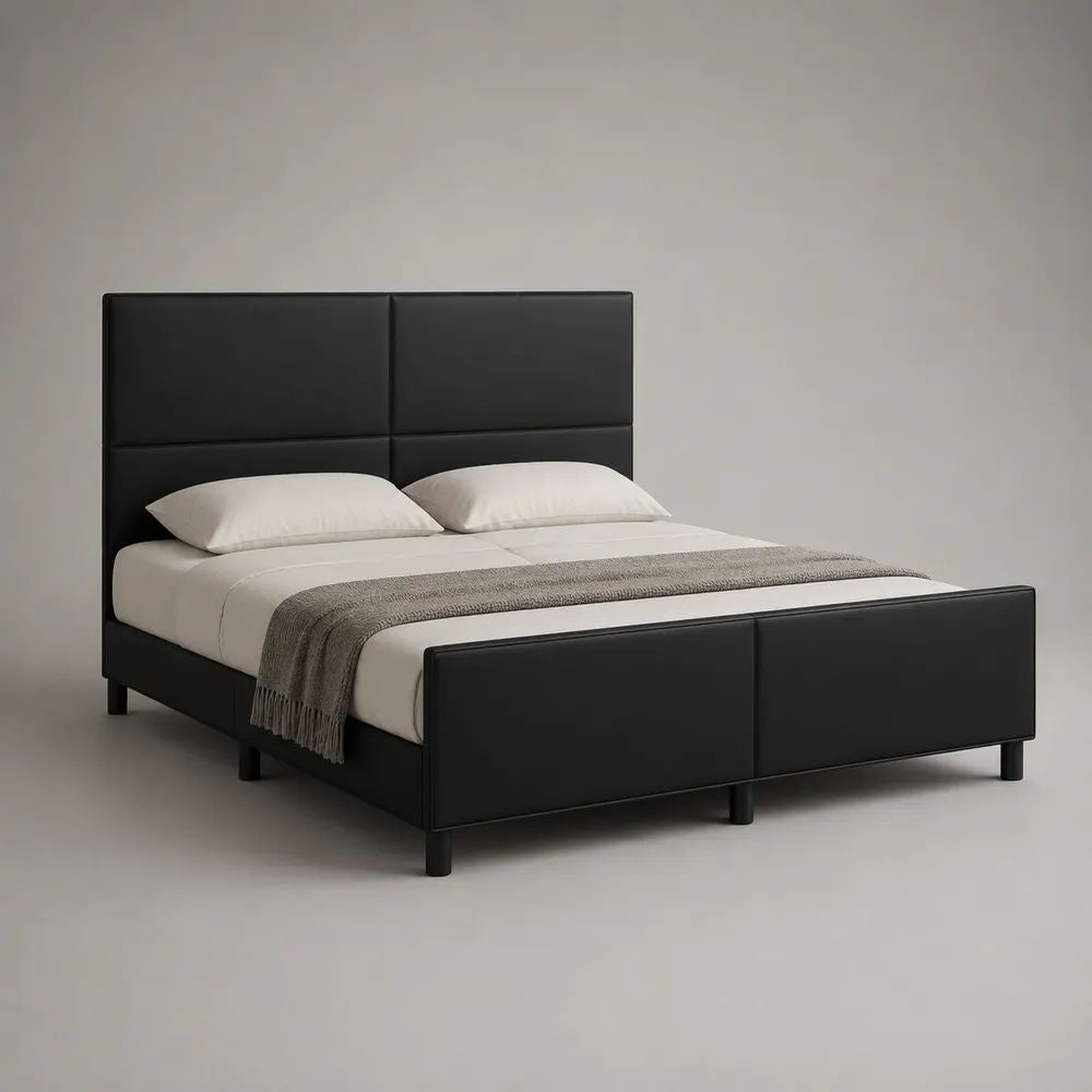 Lit double rembourré en similicuir PU noir avec sommier à lattes, couchage 160 × 200 cm, dimensions 169 × 214 × 121 cm