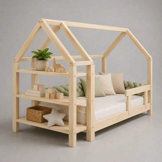 Lit cabane enfant en pin massif beige naturel avec étagère à 3 niveaux et barrière, couchage 90 x 190 cm, dimensions 238 x 104 x 180 cm