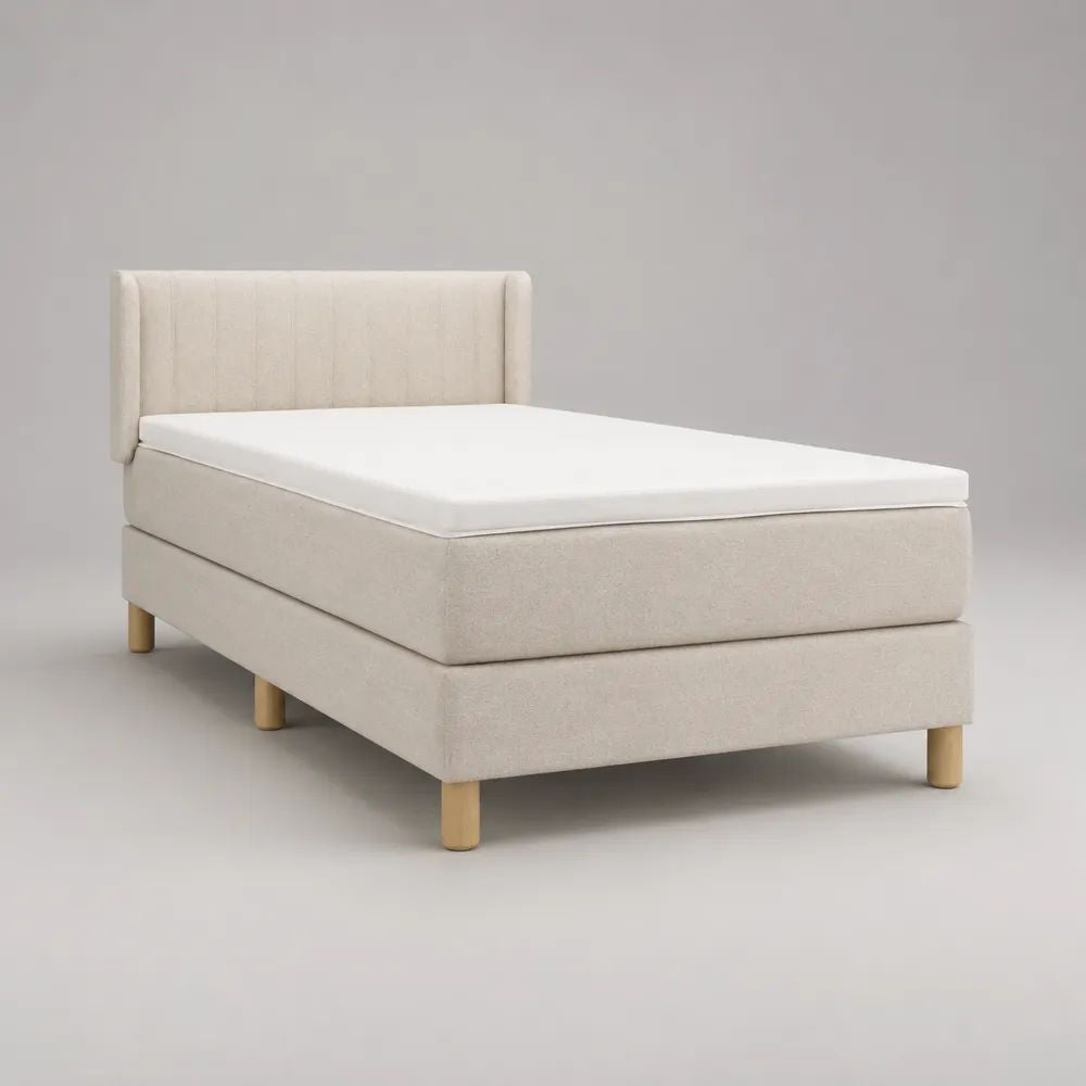 Lit simple rectangulaire en bois et tissu beige avec tête de lit, matelas et surmatelas, 105 x 215 x 110 cm, couchage 90 x 200 cm