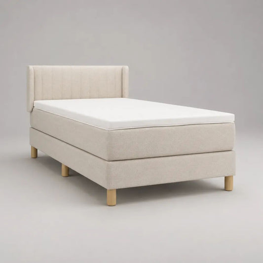Lit simple rectangulaire en bois et tissu beige avec tête de lit, matelas et surmatelas, 105 x 215 x 110 cm, couchage 90 x 200 cm
